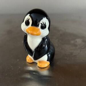 Cute Ceramic Penguin Figurine Small Black White Orange Desk Shelf Decor